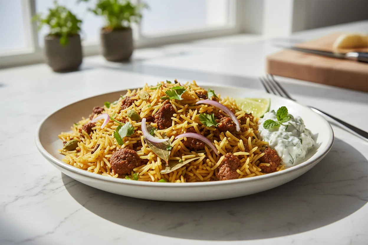 Keema Pulao (Spiced Beef and Rice) — a pantry indian recipe with about 4g of fiber