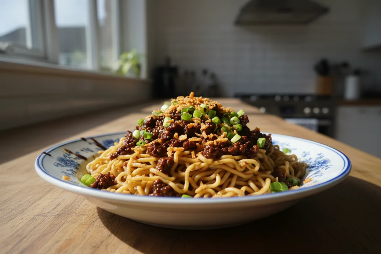 Beef Mince Noodles — Chinese recipe, finished and plated