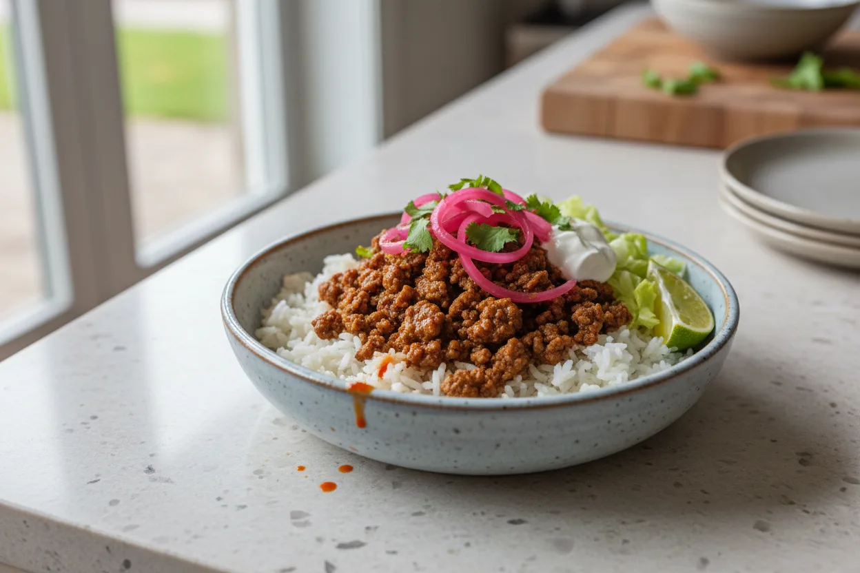 Beef Taco Rice Bowl — a pantry mexican recipe with about 5g of fiber