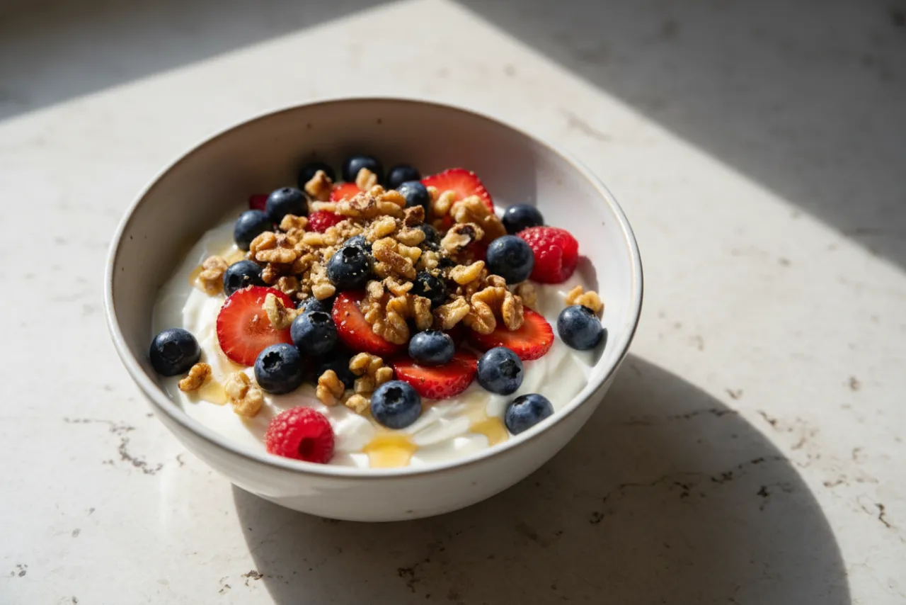 Berry & Walnut Yogurt Bowl — a high-protein vegetarian mediterranean recipe with about 2g of fiber