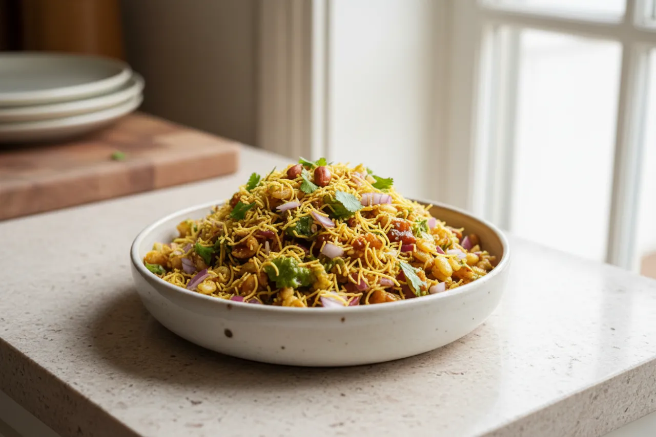 Bhel Puri — Indian recipe, finished and plated
