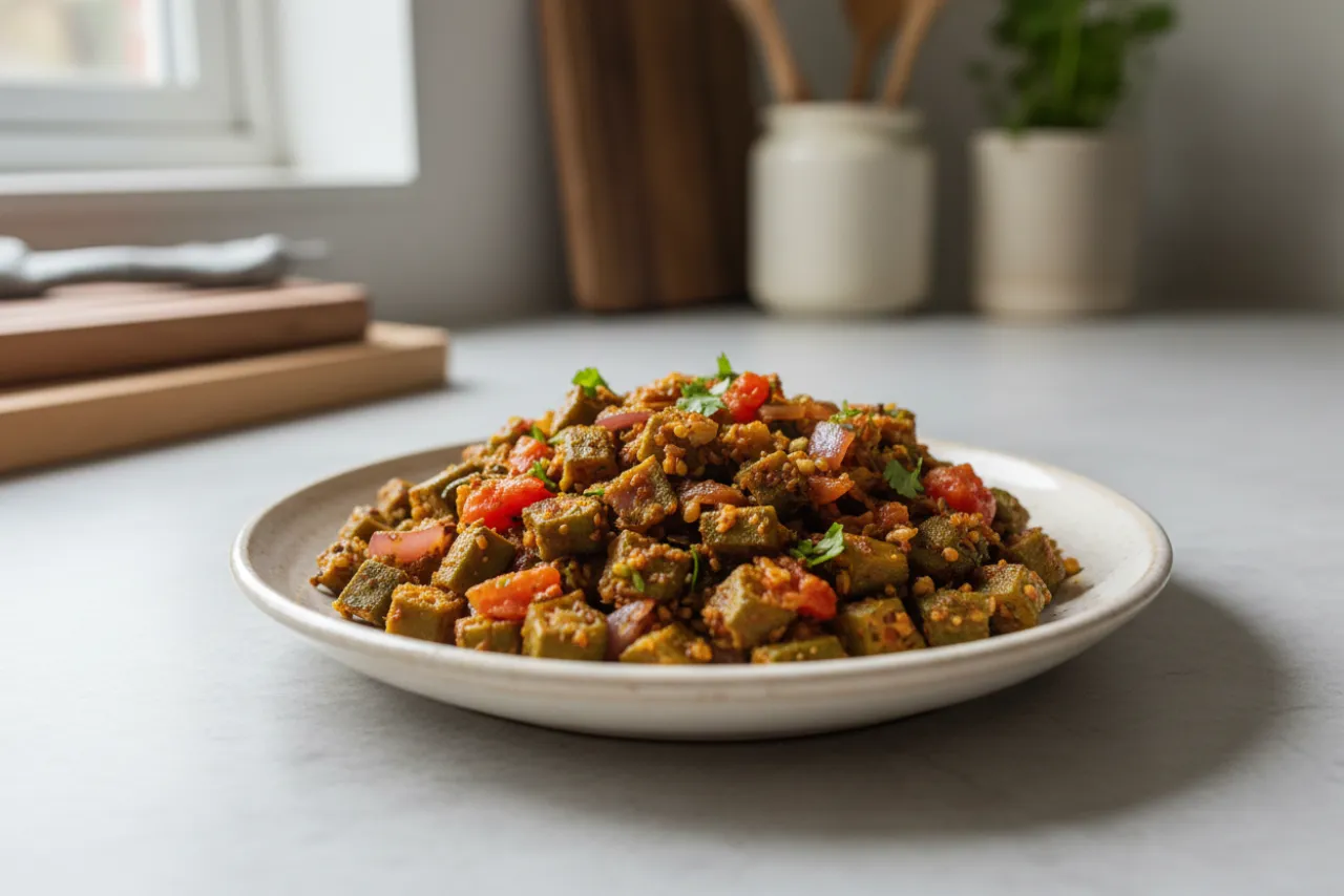 Bhindi Masala — Indian recipe, finished and plated