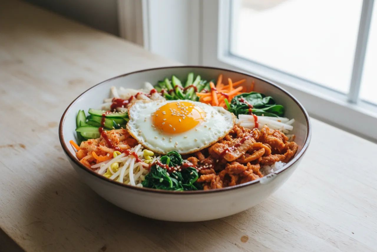 Jeyuk Bibimbap (Spicy Pork Bibimbap) — Korean recipe, finished and plated