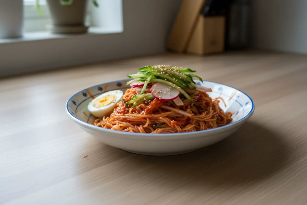 Bibim Guksu — Korean recipe, finished and plated