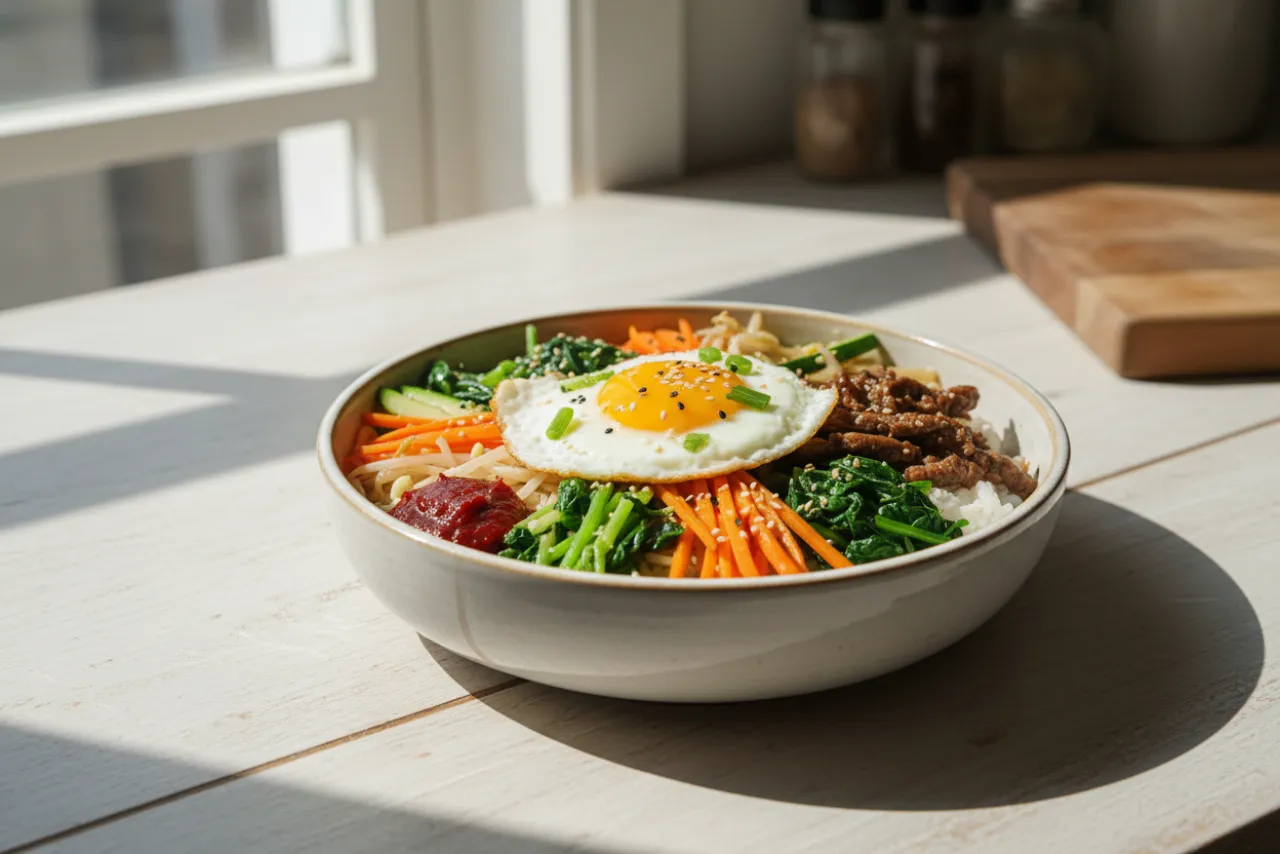 Bibimbap — Korean recipe, finished and plated
