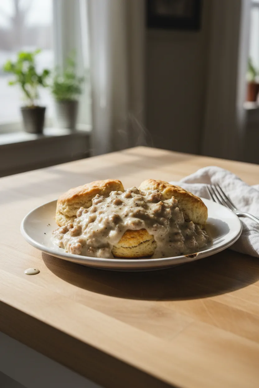 Biscuits and Gravy — American recipe, finished and plated