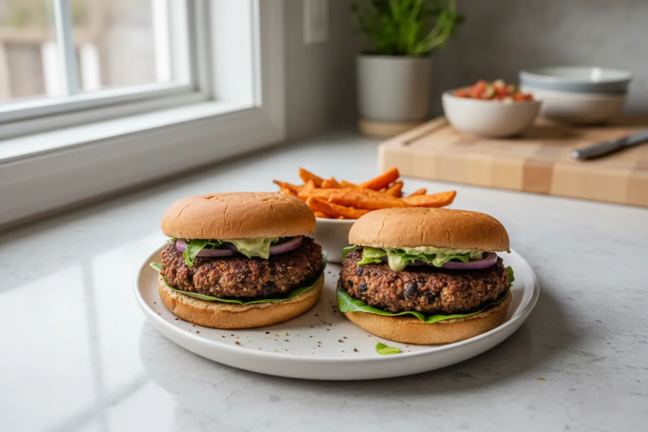 Black Bean & Quinoa Burgers — American recipe, finished and plated