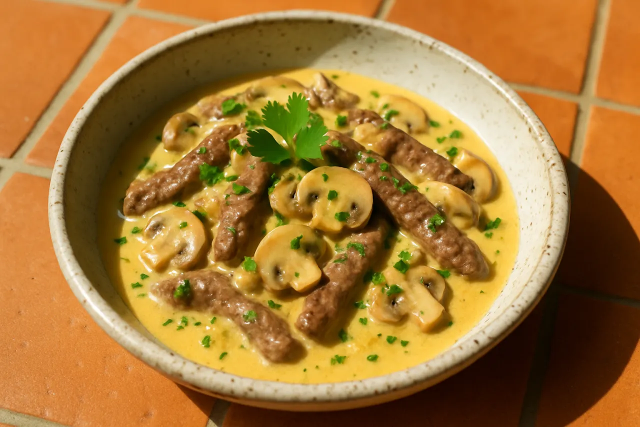 Beef Stroganoff — a high-protein low-carb french recipe with about 2g of fiber