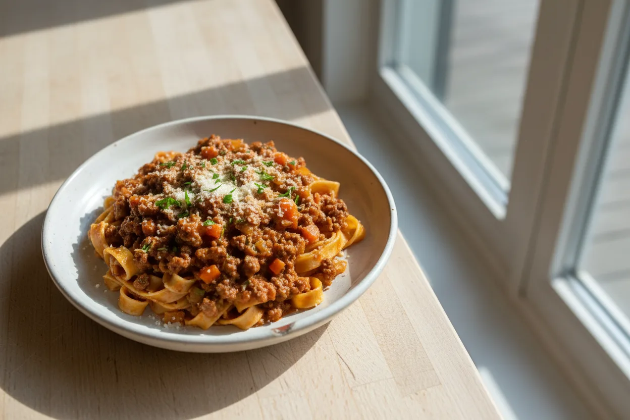 Tagliatelle al Ragu alla Bolognese — a slow cooker italian recipe with about 5g of fiber