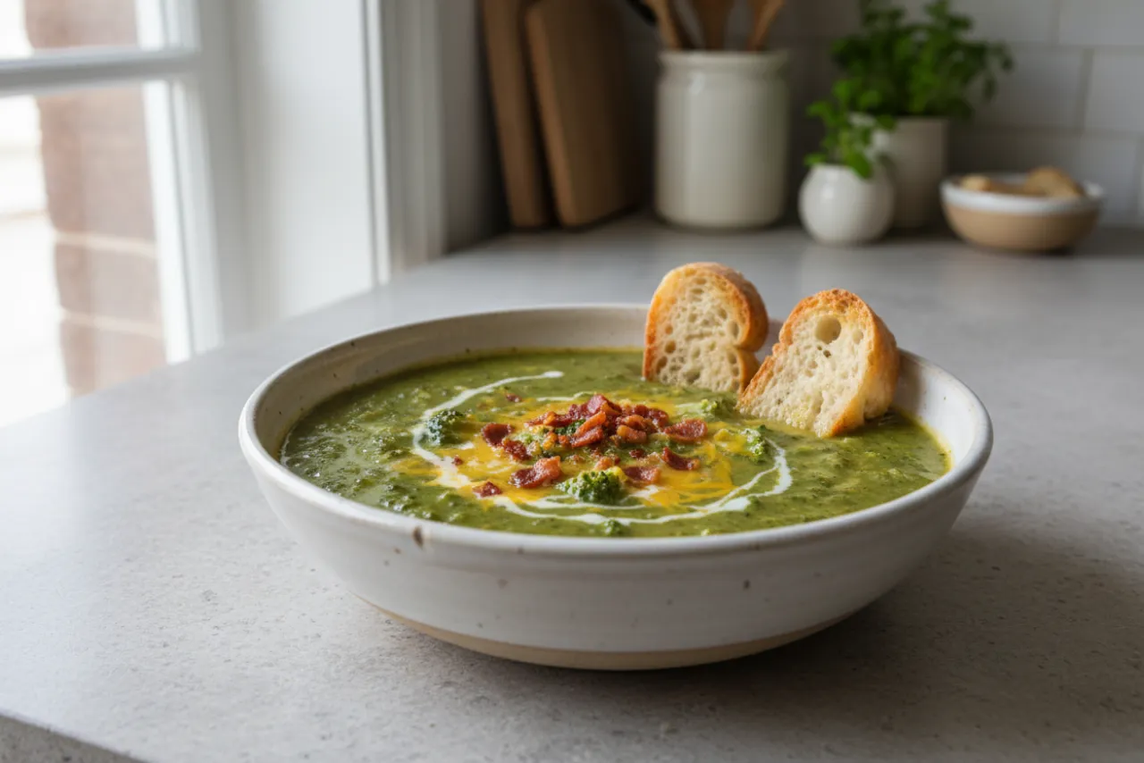 Broccoli Cheddar Soup — American recipe, finished and plated
