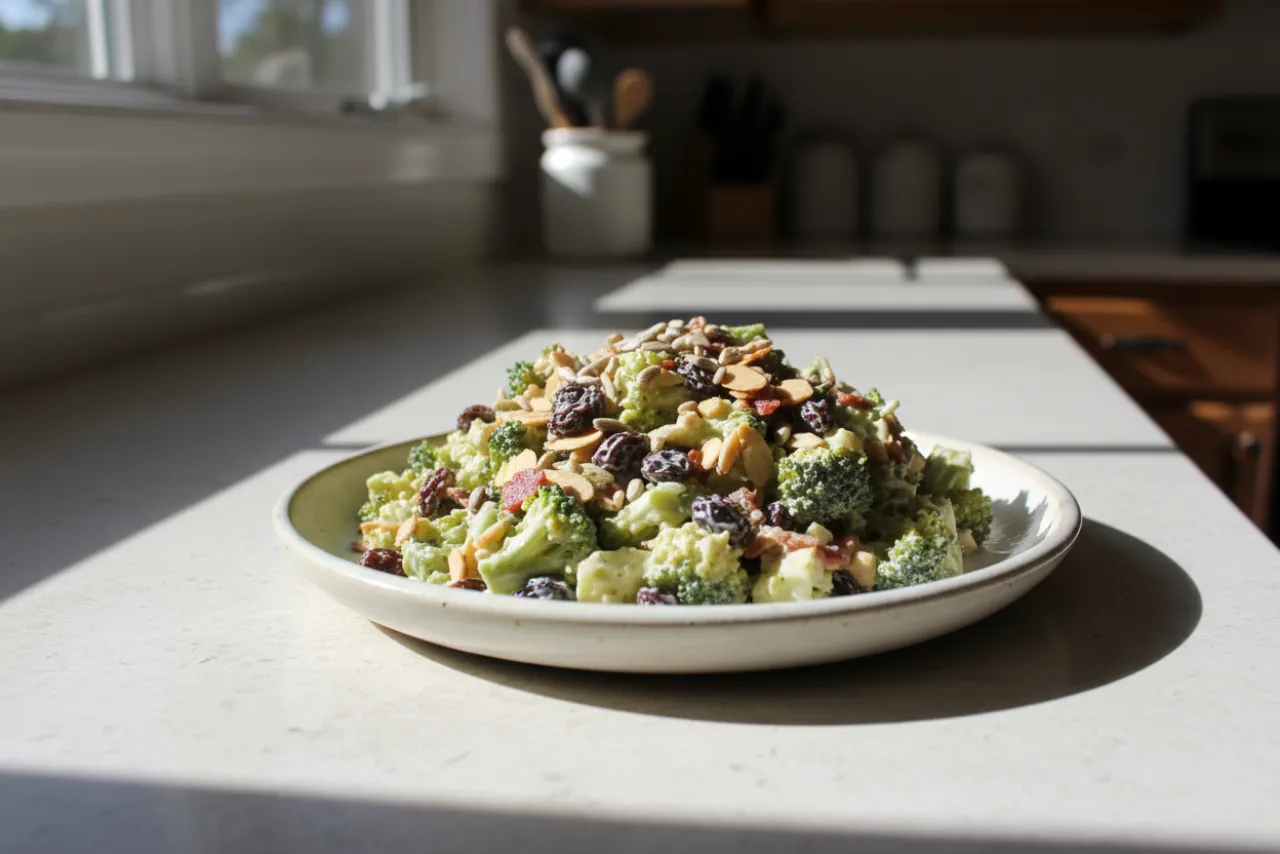 Broccoli Crunch Salad — American recipe, finished and plated