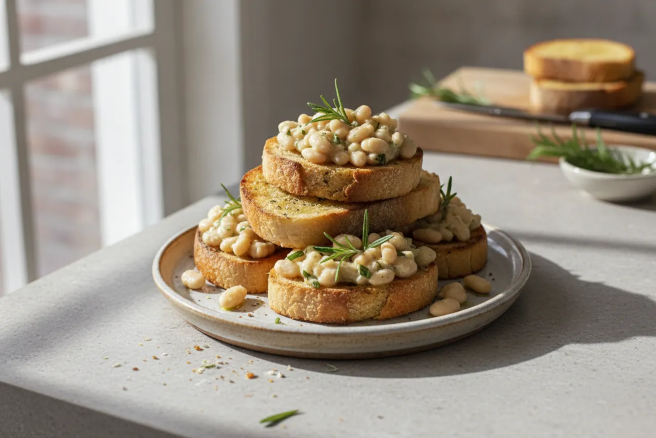 White Bean Bruschetta — a vegetarian Mediterranean italian recipe with about 8g of fiber