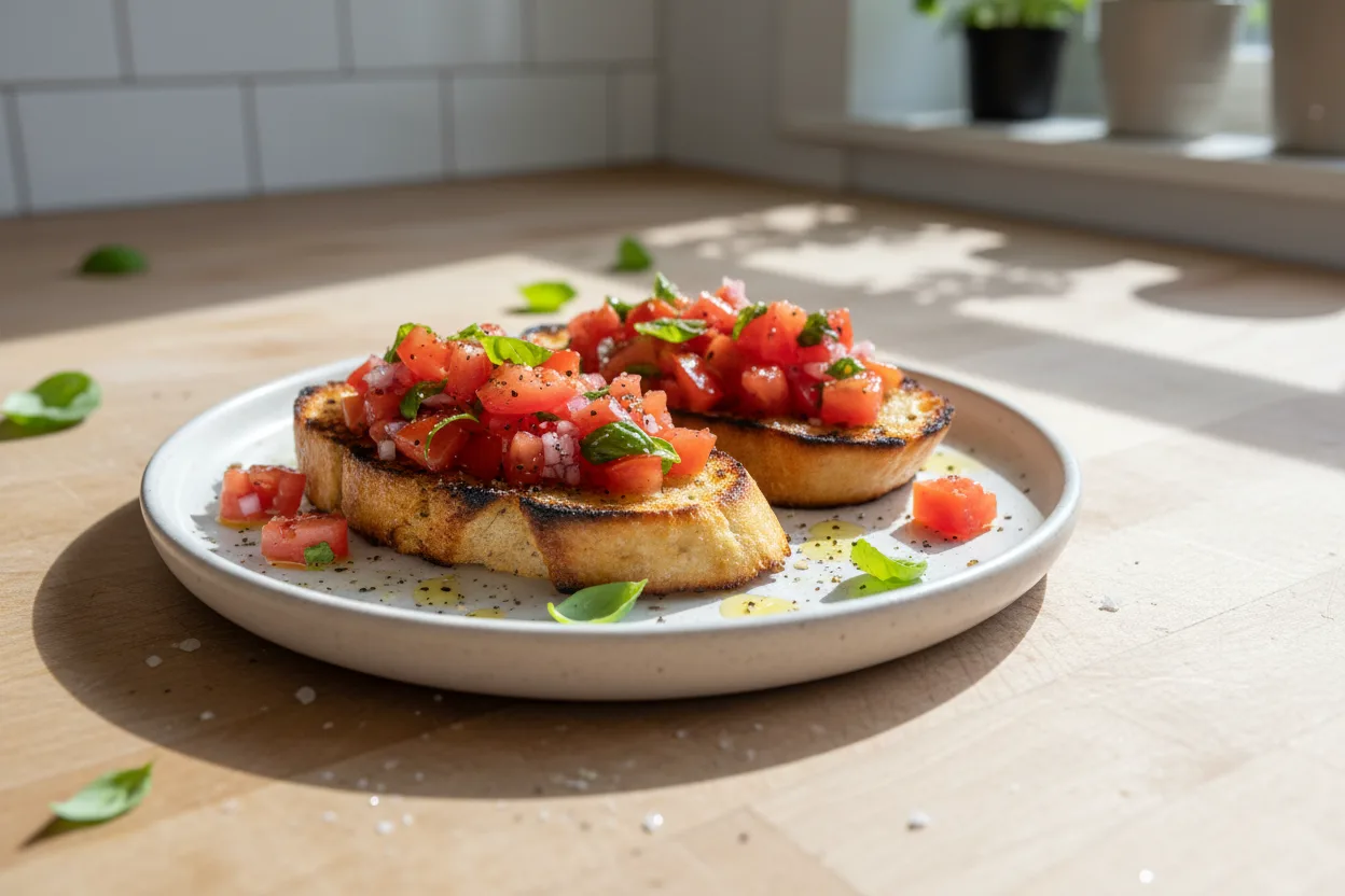 Bruschetta al Pomodoro — a low-calorie dinner italian recipe with about 2g of fiber