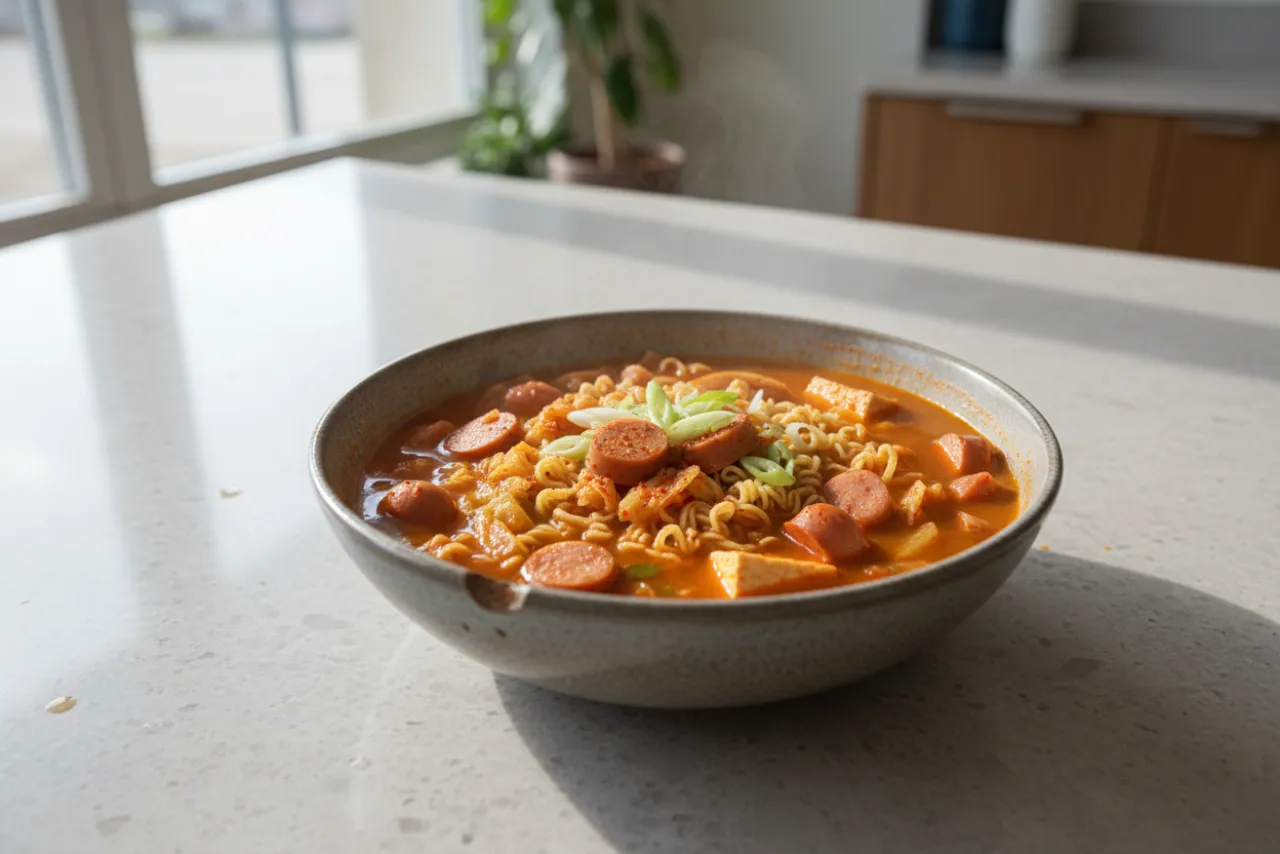 Budae Jjigae — Korean recipe, finished and plated