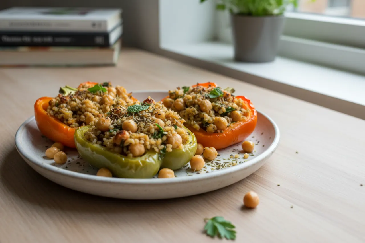 Bulgur & Chickpea Stuffed Peppers — Mediterranean recipe, finished and plated