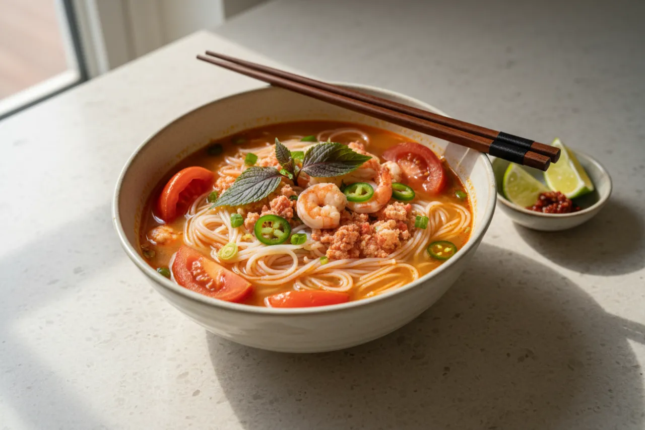 Bun Rieu — Vietnamese recipe, finished and plated