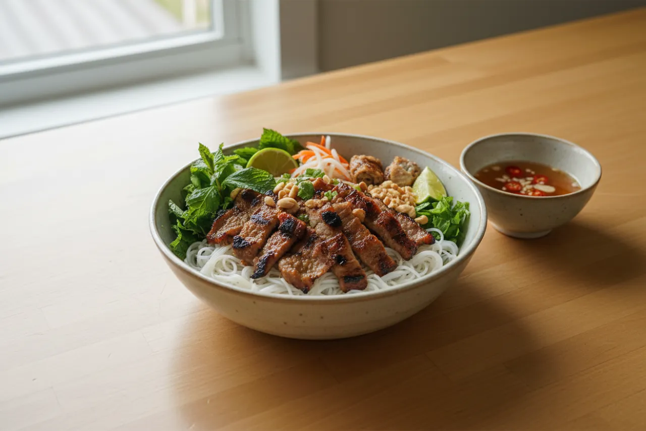 Bun Thit Nuong — a high-protein lunch vietnamese recipe with about 5g of fiber