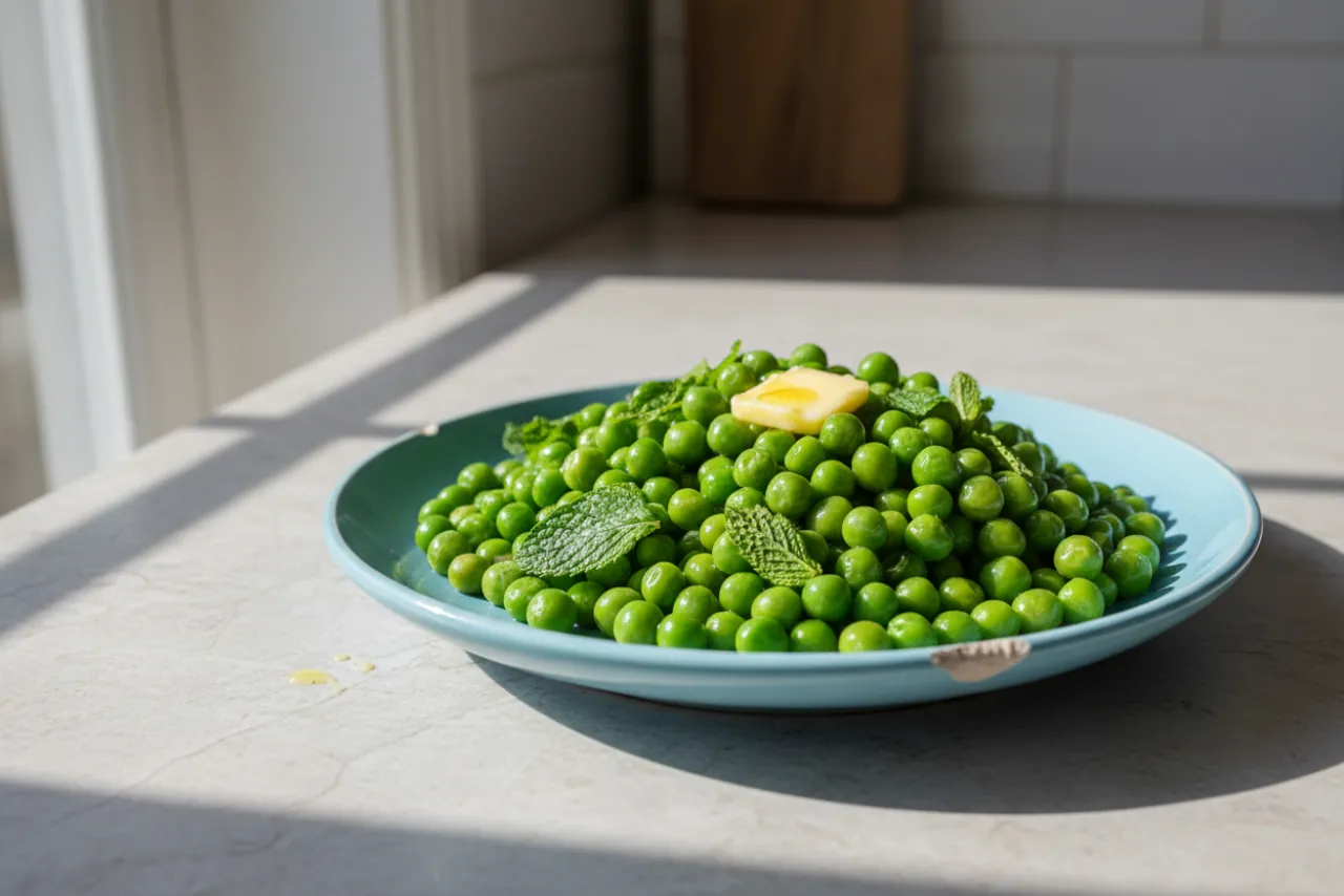 Buttered Peas with Mint — British recipe, finished and plated