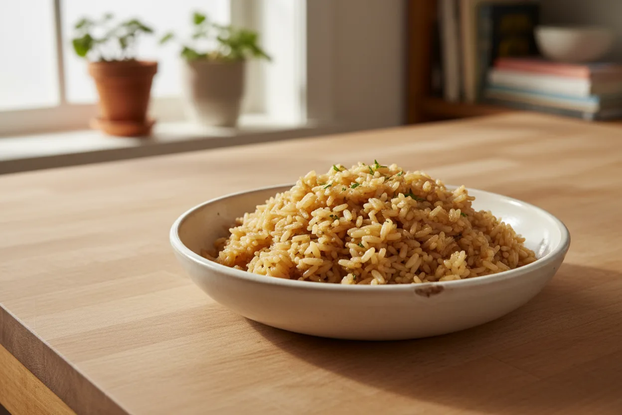 Buttered Onion Rice Pilaf — a one-pot american recipe with about 2g of fiber