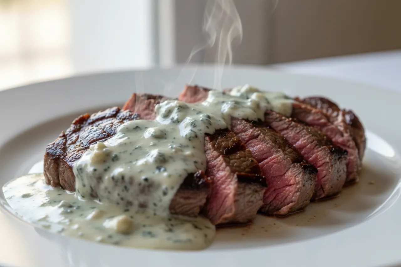 Steak with Cabrales Sauce — a high-protein muscle-building spanish recipe with about 0g of fiber