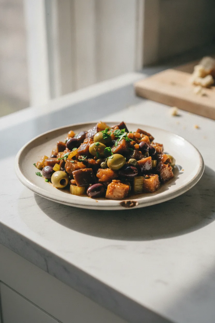 Caponata — Italian recipe, finished and plated