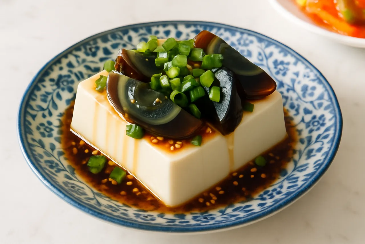 Cold Tofu with Century Egg — a high-protein tofu chinese recipe with about 1g of fiber