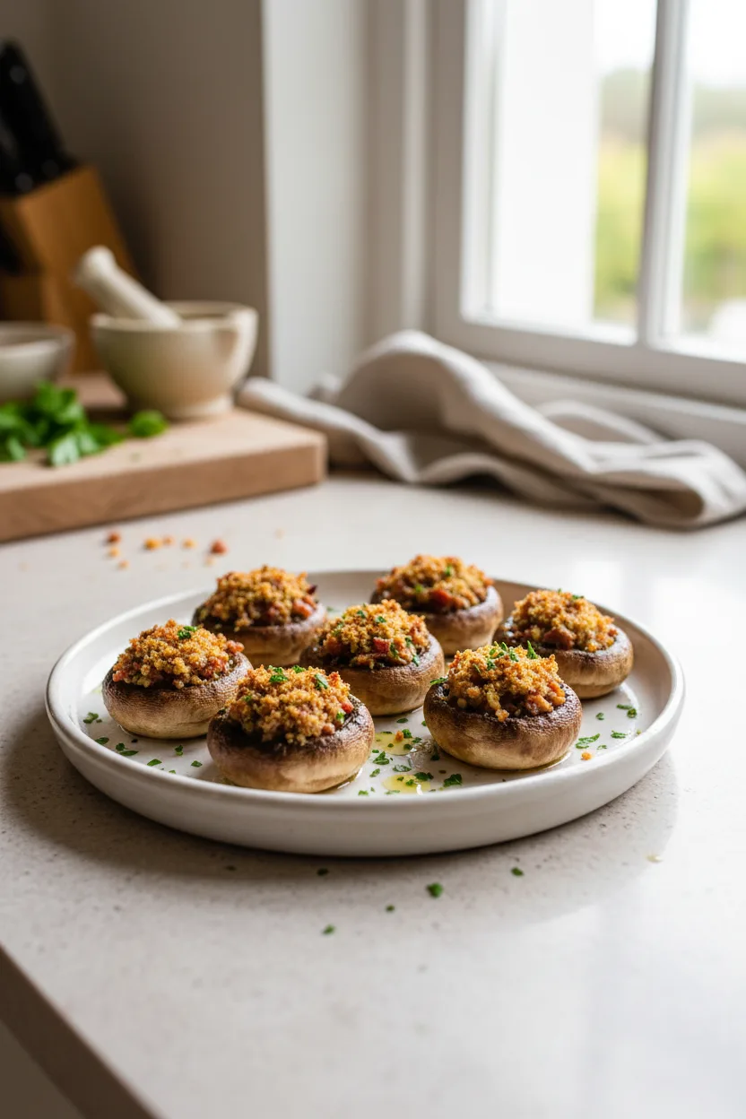 Champinones Rellenos — Spanish recipe, finished and plated