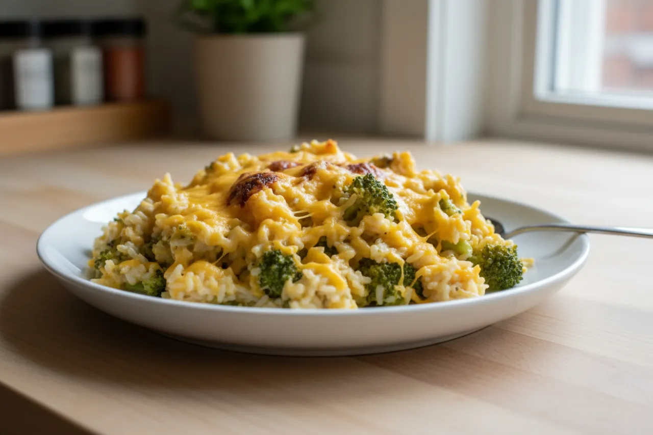 Cheesy Broccoli Rice — a cheap healthy american recipe with about 5g of fiber