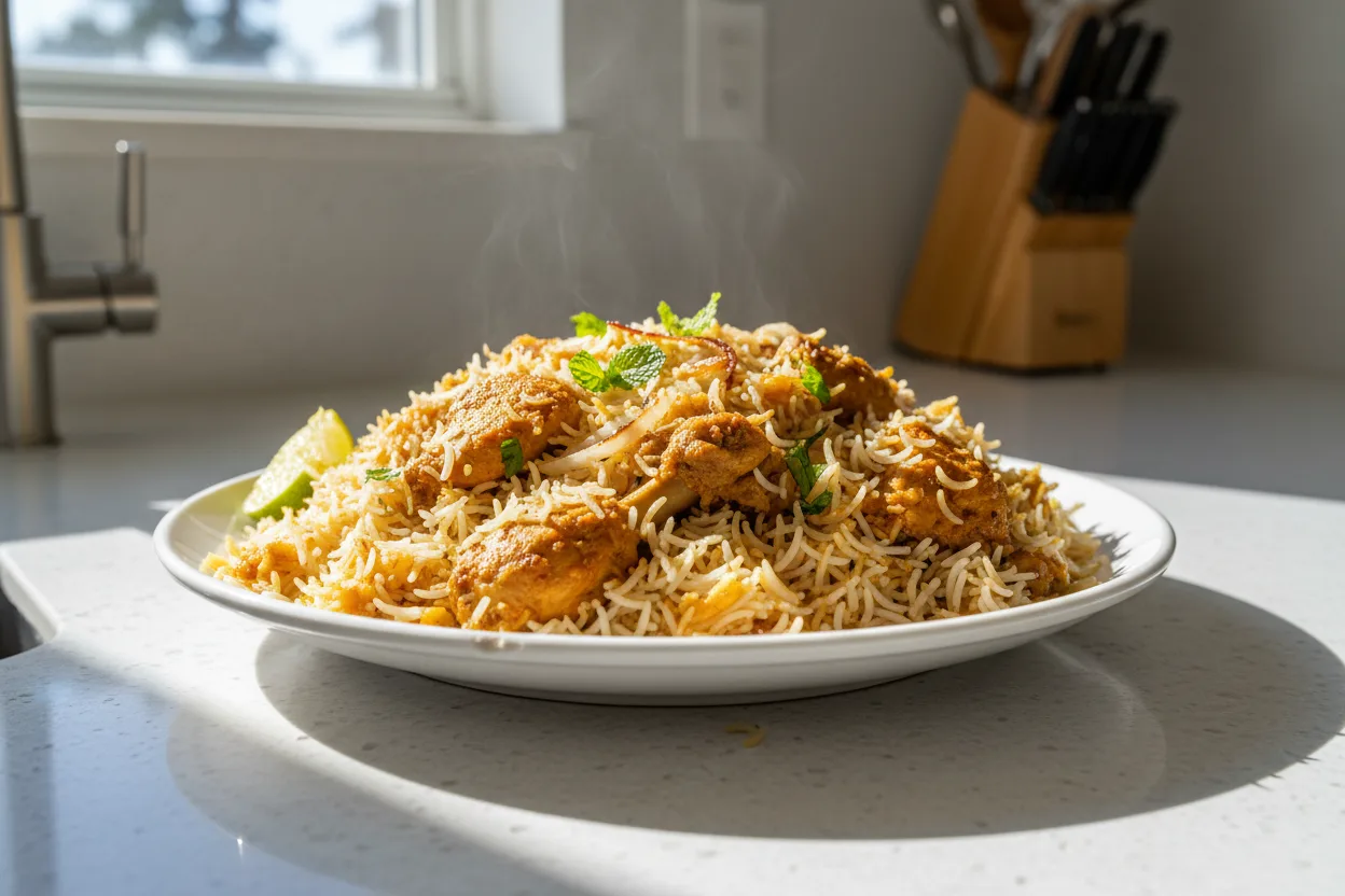 Hyderabadi Chicken Biryani — a one-pot indian recipe with about 8g of fiber