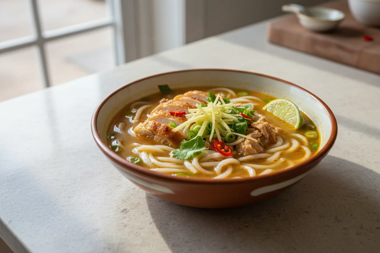 Chicken Ginger Noodle Soup — a high-protein pasta vietnamese recipe with about 3g of fiber