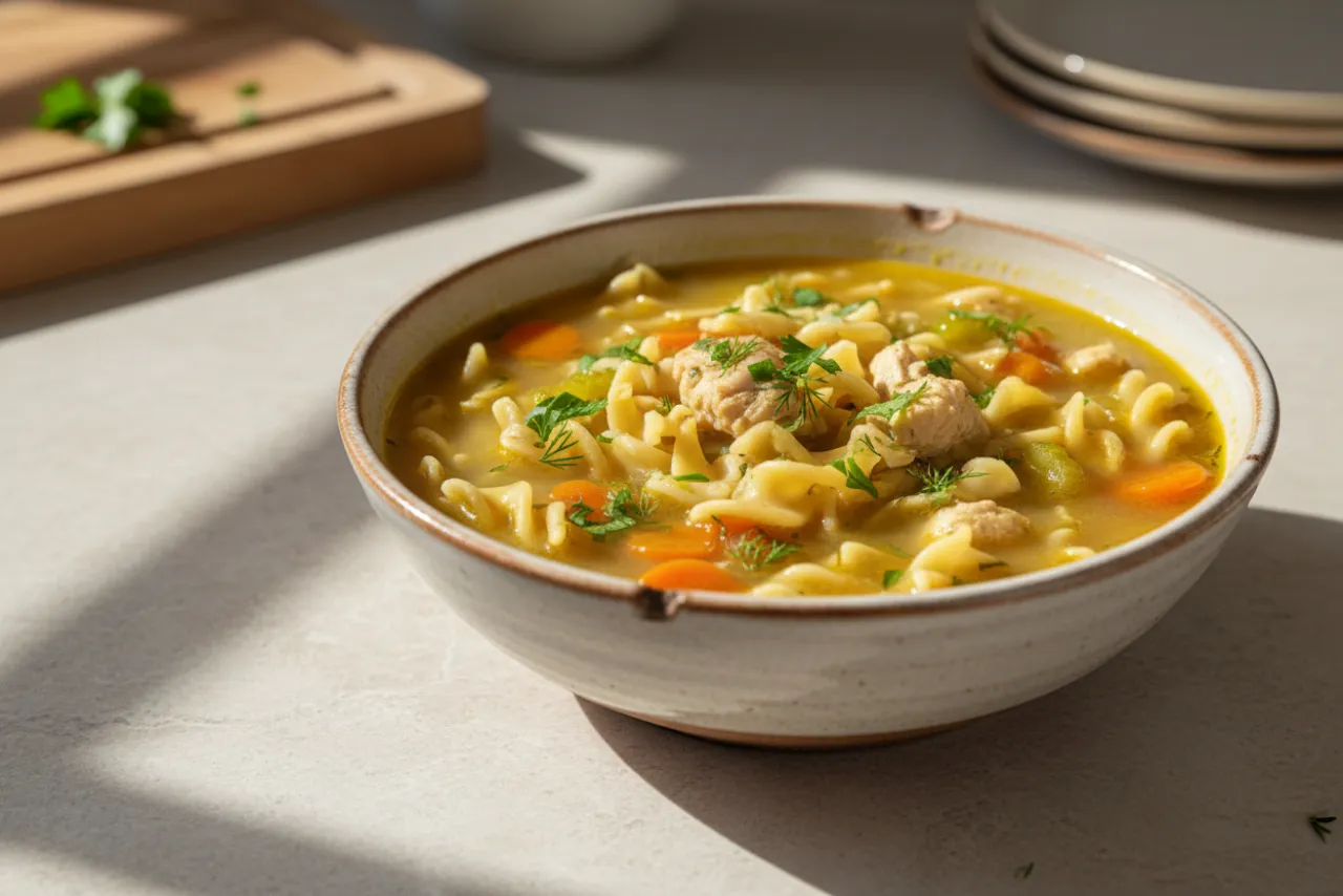 Chicken Noodle Soup — a high-protein pasta american recipe with about 4g of fiber