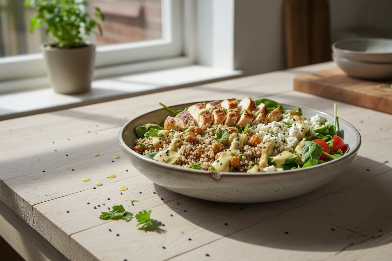 A chicken quinoa power bowl — a high-protein, high-fiber meal