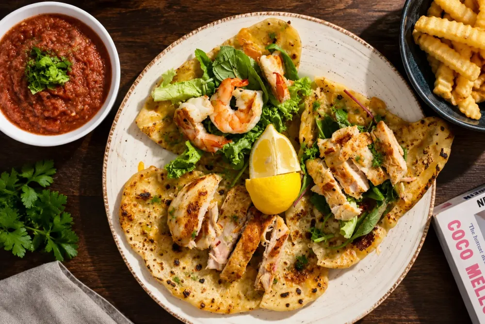 Chicken and shrimp tortillas on homemade flour tortillas — charred tortillas topped with chicken, shrimp and greens