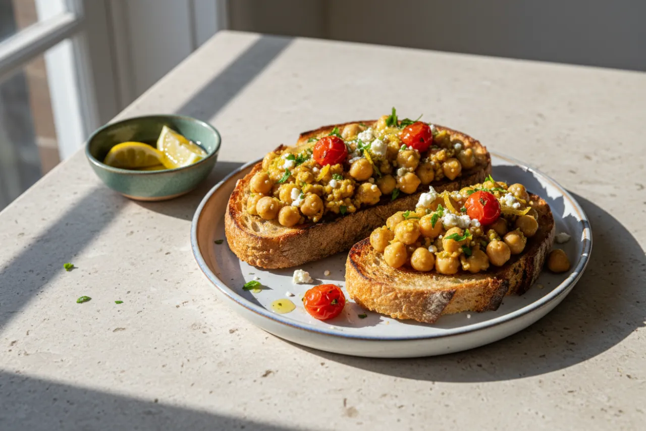 Chickpea Smash Toast — a high-fiber high-protein breakfast mediterranean recipe with about 16g of fiber