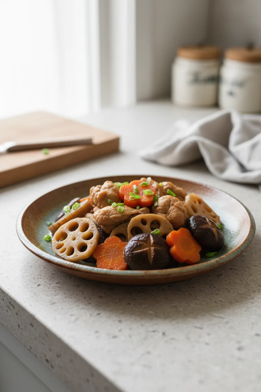Chikuzenni — Japanese recipe, finished and plated