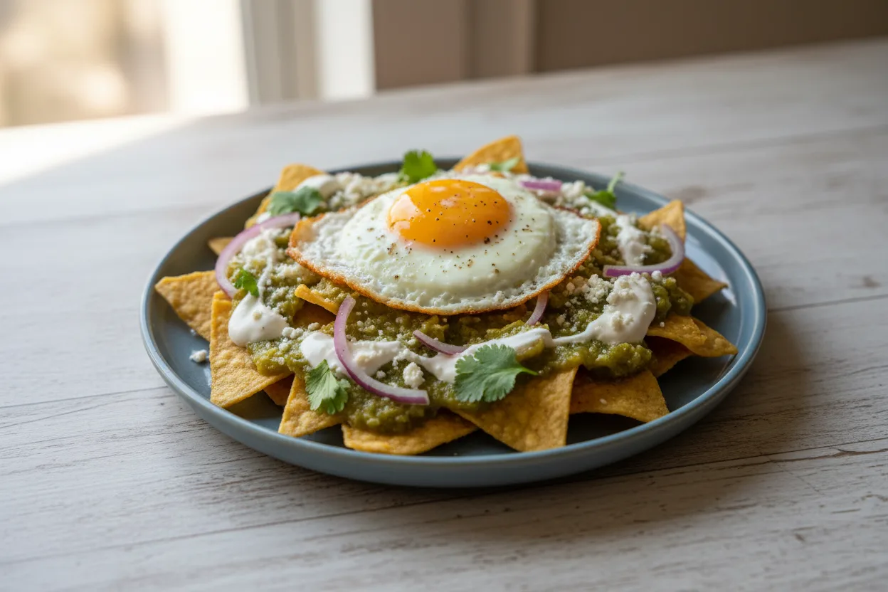 Chilaquiles Verdes — a high-fiber high-protein breakfast mexican recipe with about 12g of fiber