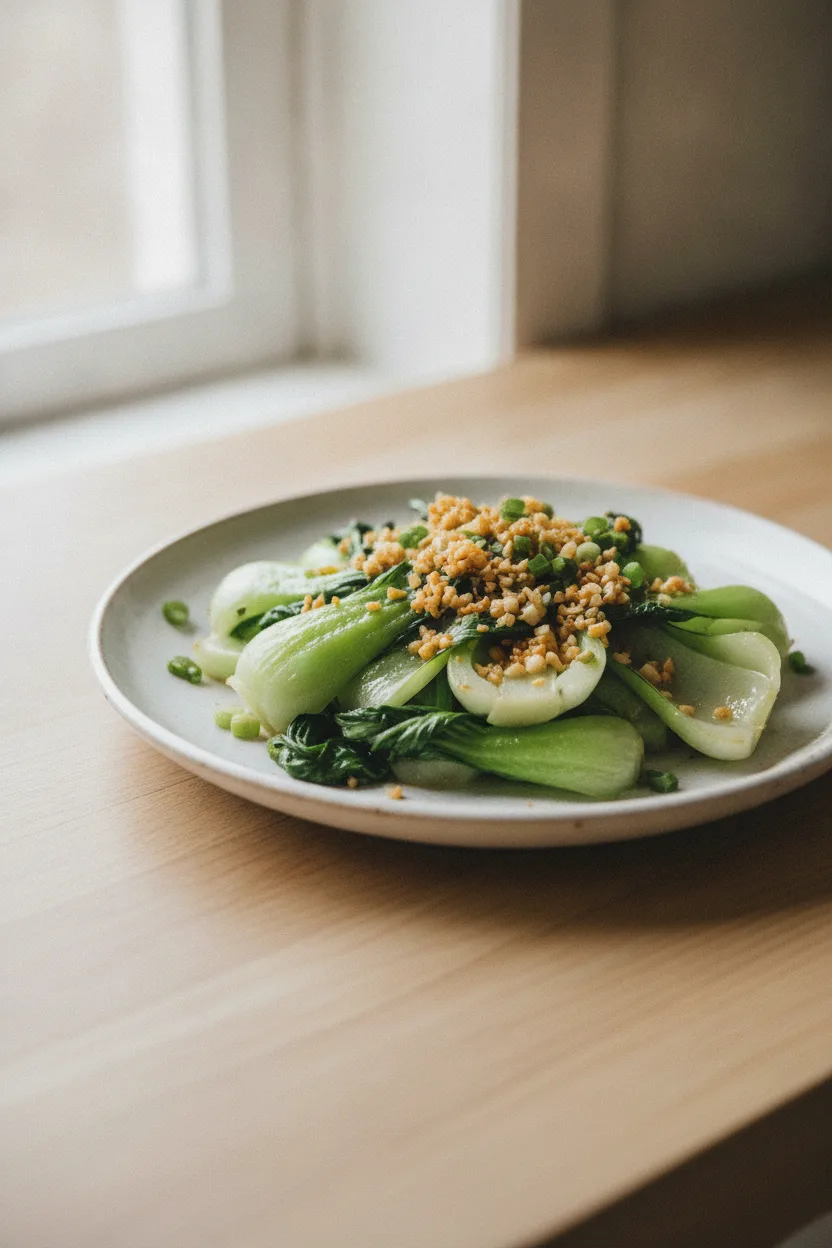 Bok Choy with Garlic — Chinese recipe, finished and plated