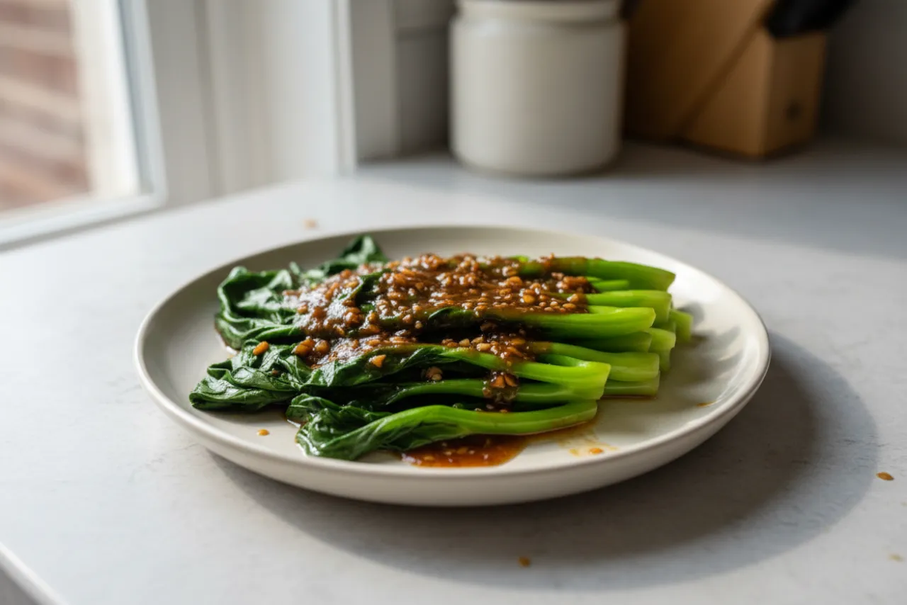 Gai Lan in Oyster Sauce — Chinese recipe, finished and plated