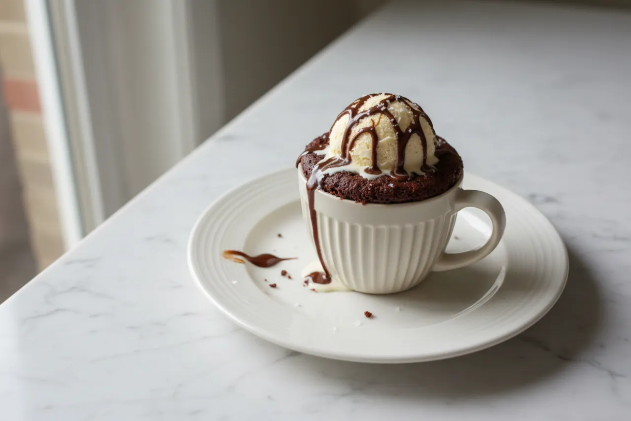Chocolate Mug Cake — American recipe, finished and plated