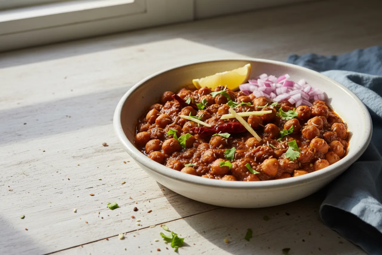 Chole — Indian recipe, finished and plated