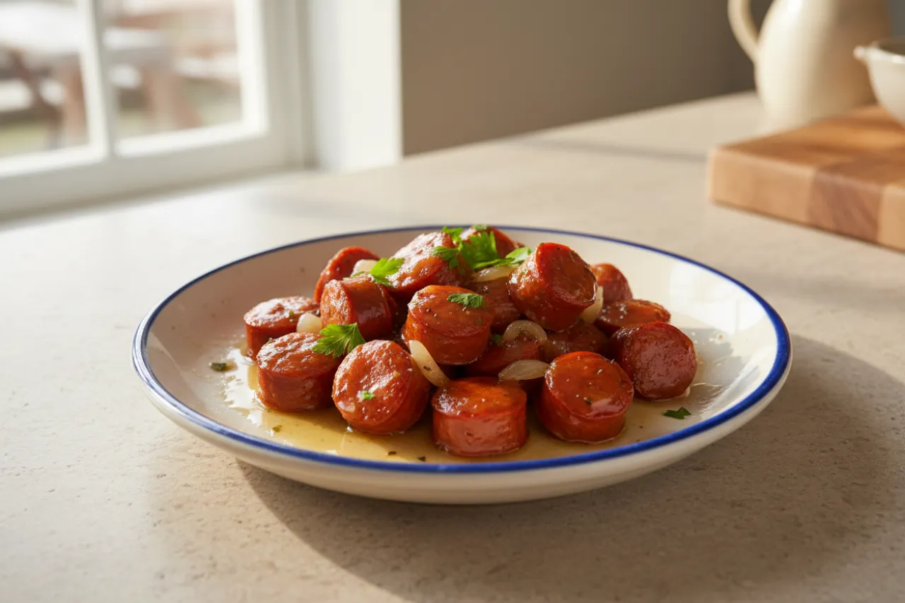 Chorizo a la Sidra — a easy high-protein dinner spanish recipe with about 0g of fiber