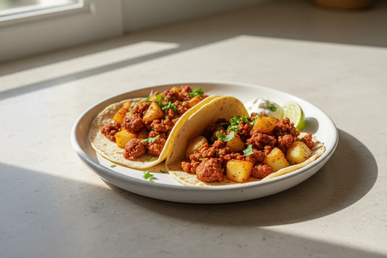 Chorizo and Potato Tacos — a cheap healthy mexican recipe with about 9g of fiber