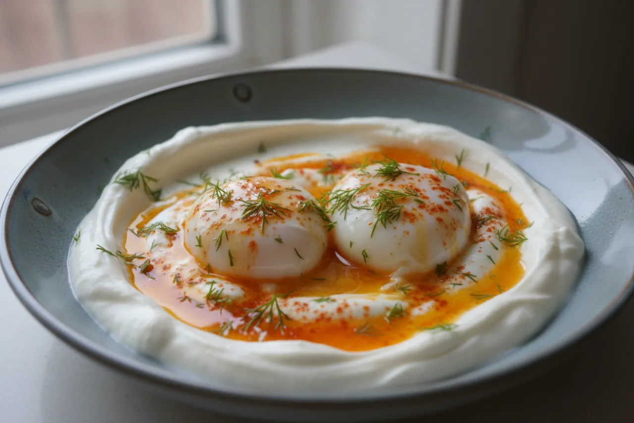 Cilbir (Turkish Yogurt Eggs) — a high-protein egg middle eastern recipe with about 3g of fiber