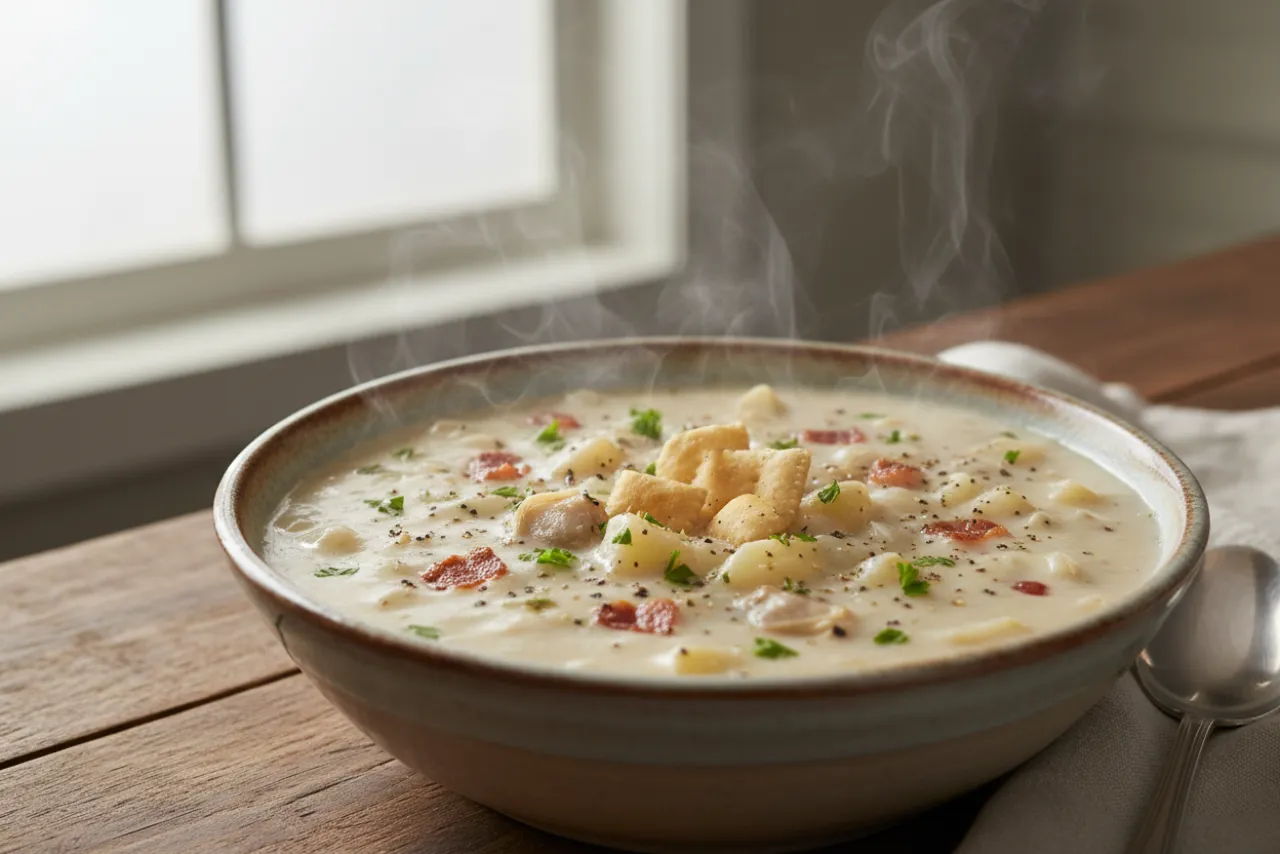 New England Clam Chowder — American recipe, finished and plated