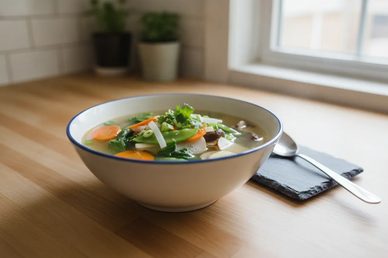 Clear Vegetable & Ginger Soup — Chinese recipe, finished and plated