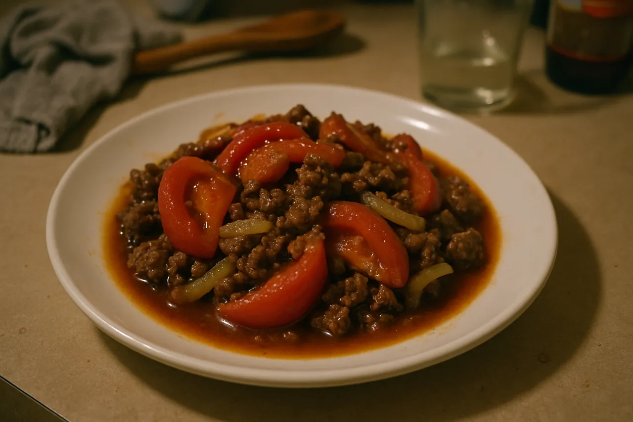 Chinese Tomato Beef Stir-Fry — a pantry chinese recipe with about 2g of fiber