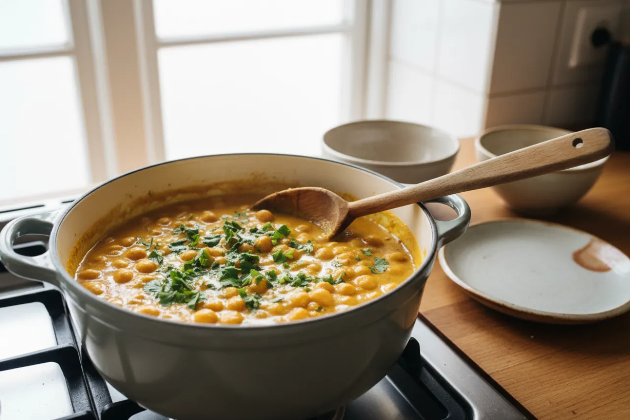A bowl of coconut chickpea curry — one of these high-fiber dinner ideas