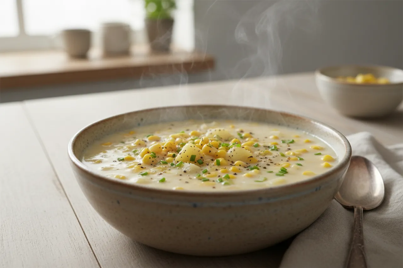 Corn Chowder — American recipe, finished and plated