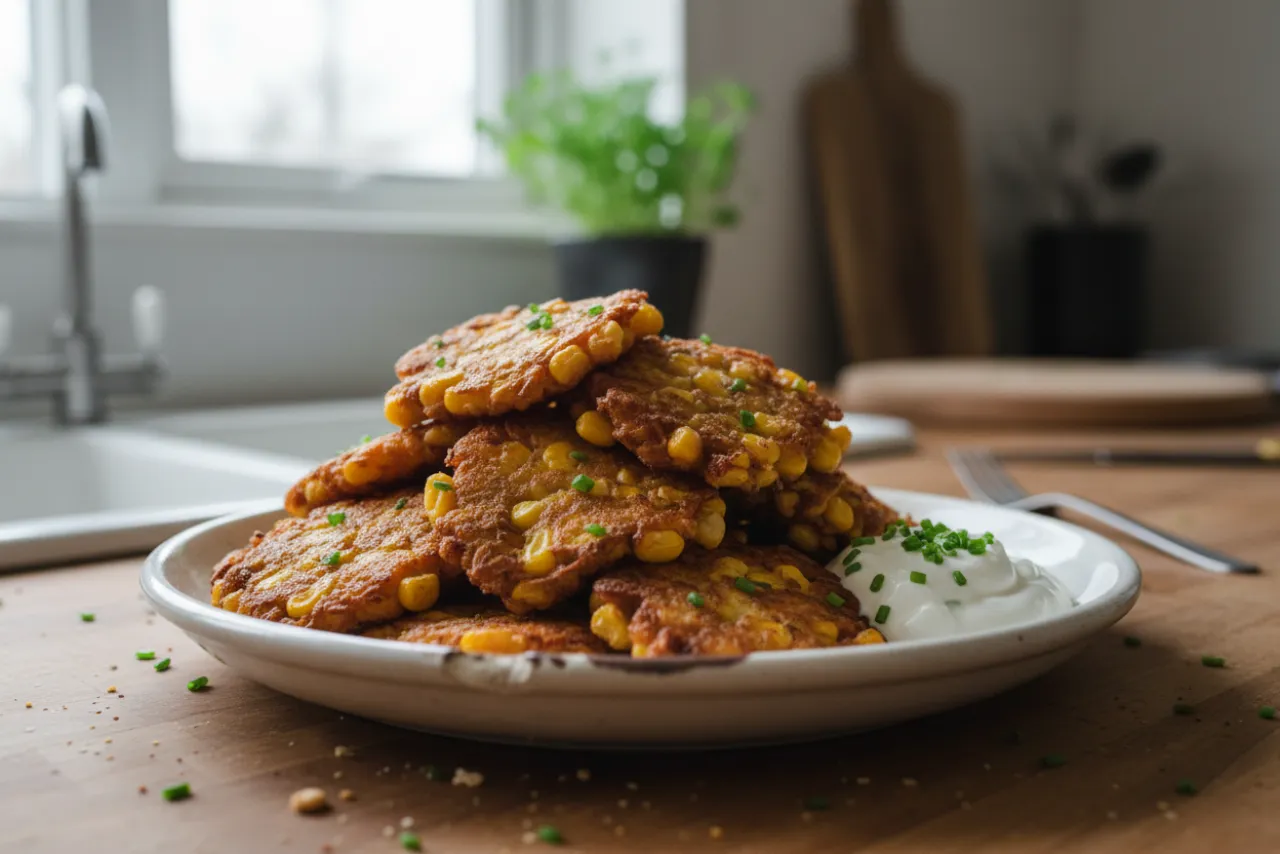 Corn Fritters — American recipe, finished and plated