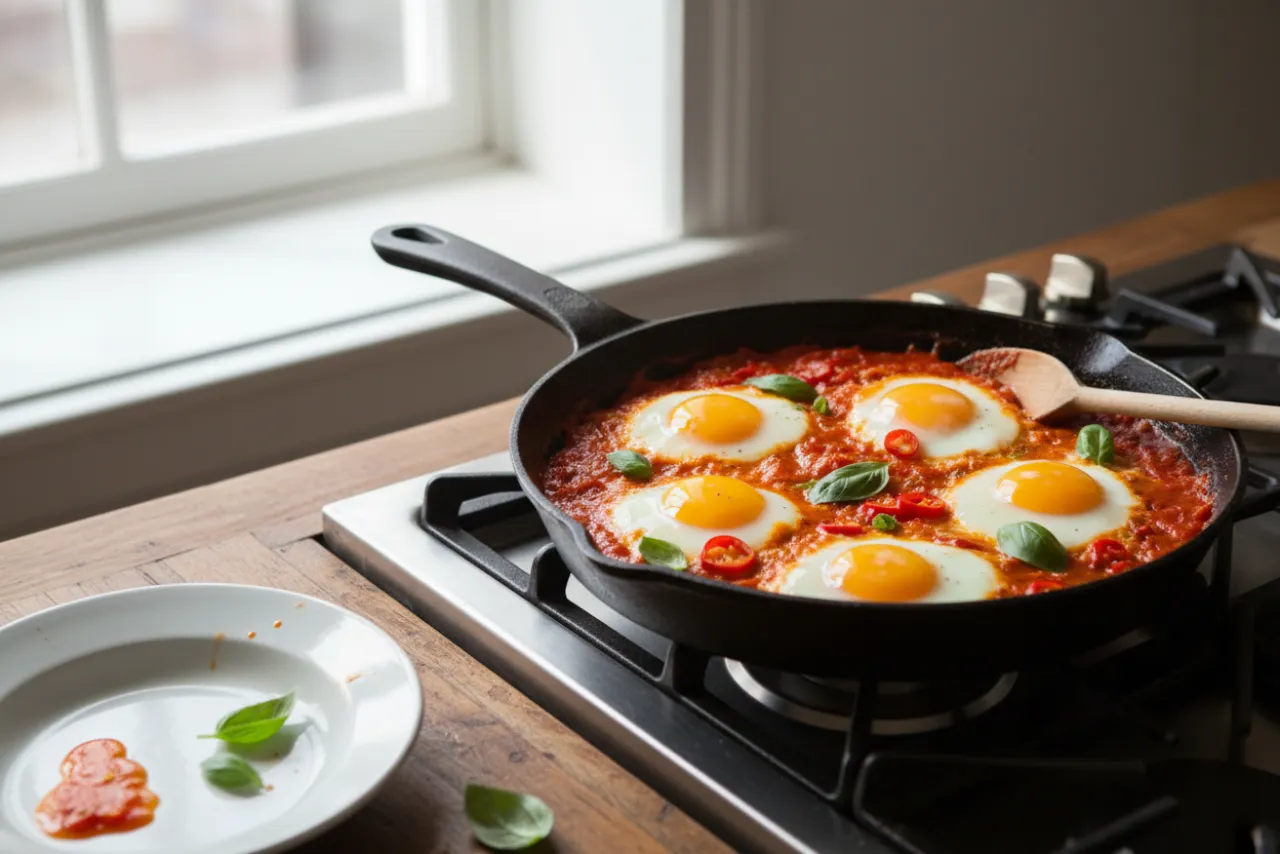 Uova in Purgatorio — a Mediterranean breakfast italian recipe with about 3g of fiber